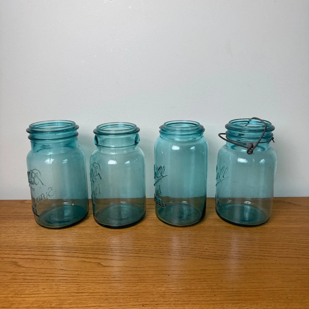 Set of 4 Antique Vintage 1900-1923 Aqua‎ Blue Ball Mason Jars Quart